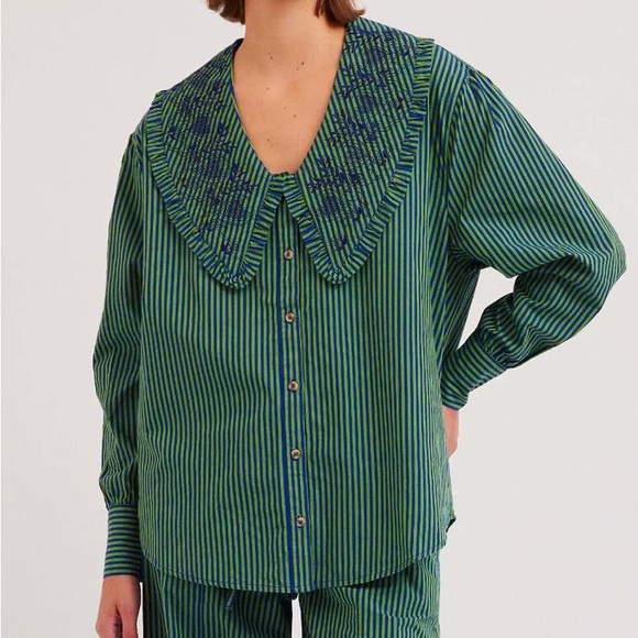 Green Striped Women's Blouse - Picture 1 of 10